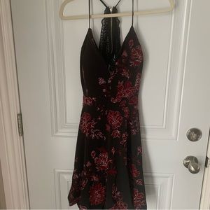 Black and Deep Red Floral Dress with Lacy Cut-out